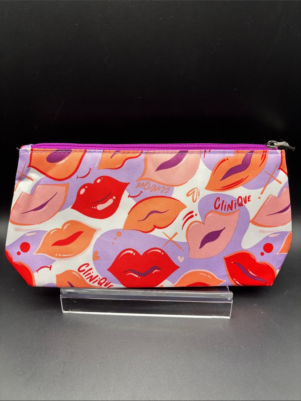 Clinique Multicolor Lip-Print Cosmetic Pouch - Red, Purple, Orange, Pink